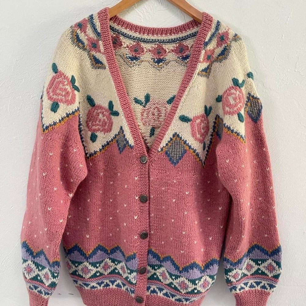 Vintage Handmade Fair Isle Cardigan, Oversized Chunky Knit, Granny Core Sweater